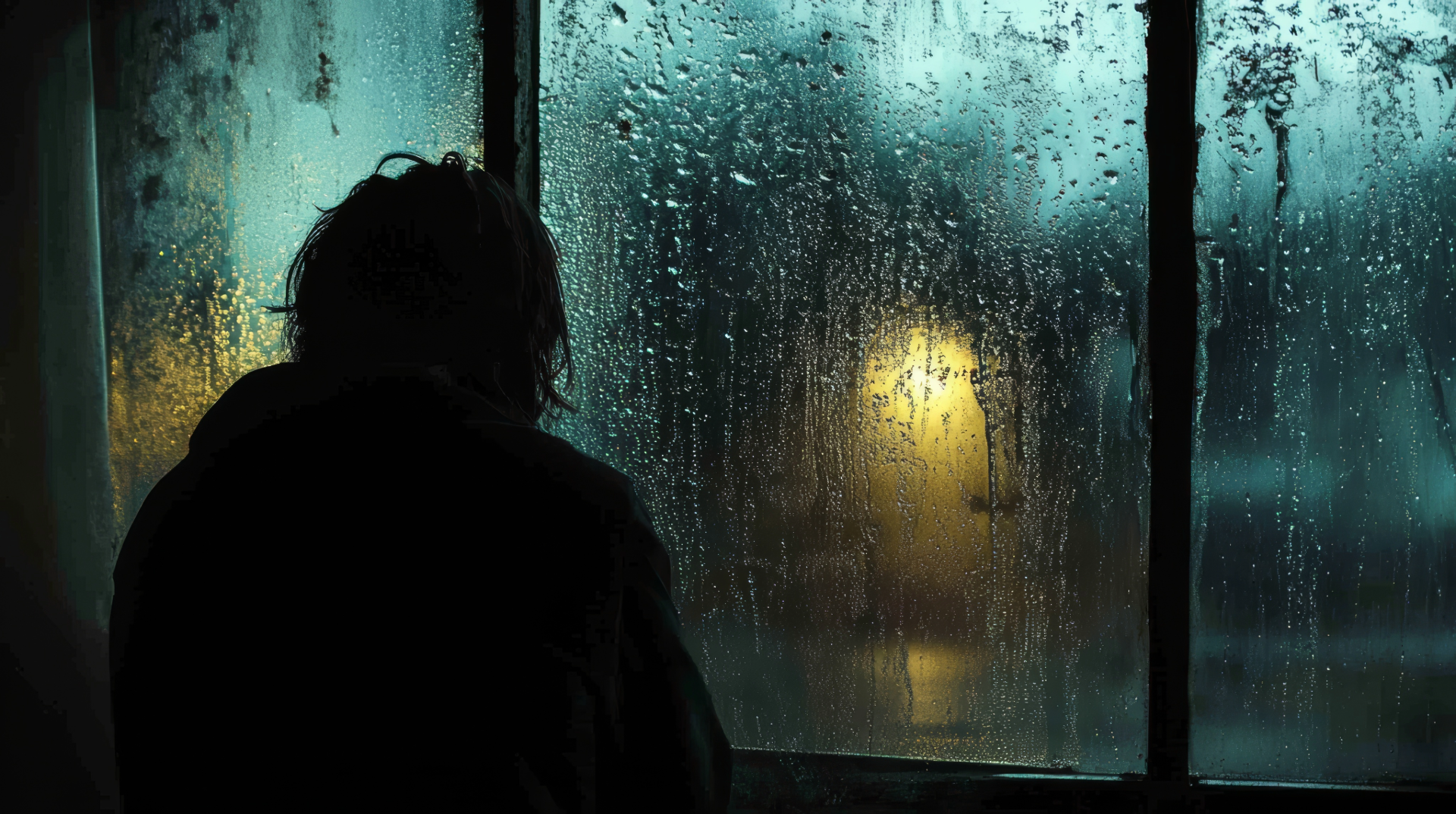 A silhouette of a person gazing out a rain-streaked window at a dark, stormy scene with a single warm yellow light glowing in the distance – an image reflecting life's unexpected before and after moments