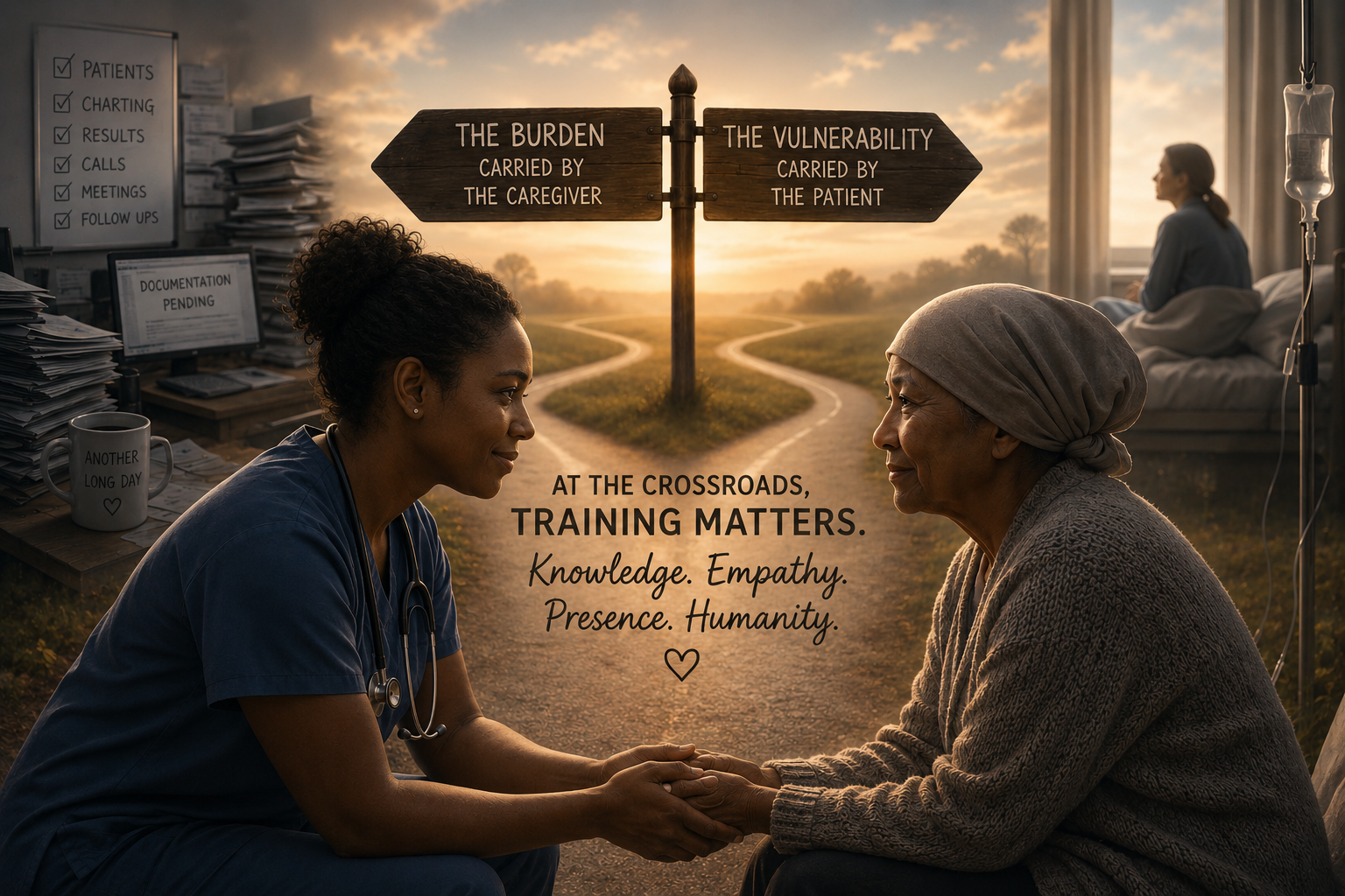 A clinician holds an older patient's hands at a symbolic crossroads, with signposts reading 'the burden carried by the caregiver' and 'the vulnerability carried by the patient.'