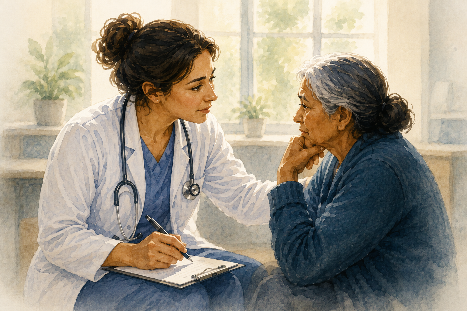 Physician practicing the art of medicine, listening attentively to an older woman during a clinic visit